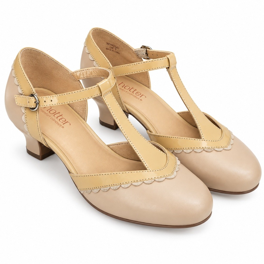 Hotter T-Strap Heels Womens 7 Beige Scalloped Comfort Kitten Pump WYN2547